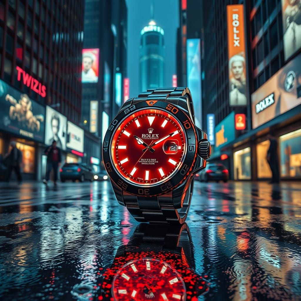 Glowing Cyberpunk Rolex Watch in Rainy City Street