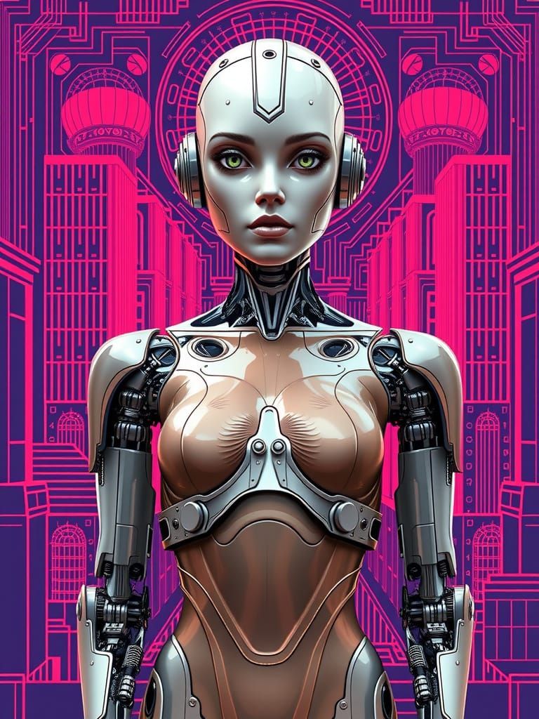 Robotic Metropolis Goddess in Art Deco Cityscape
