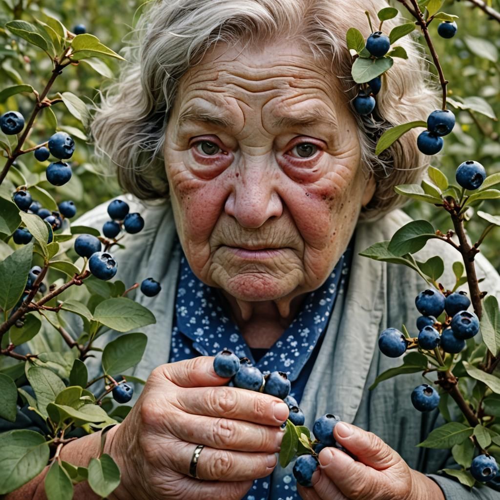 Elderly Woman Observes Blueberries on Bush
