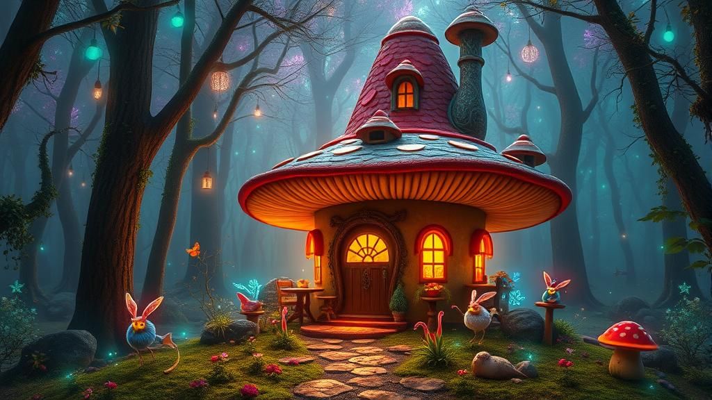 Enchanted Fairy Mushroom House in Bioluminescent Forest