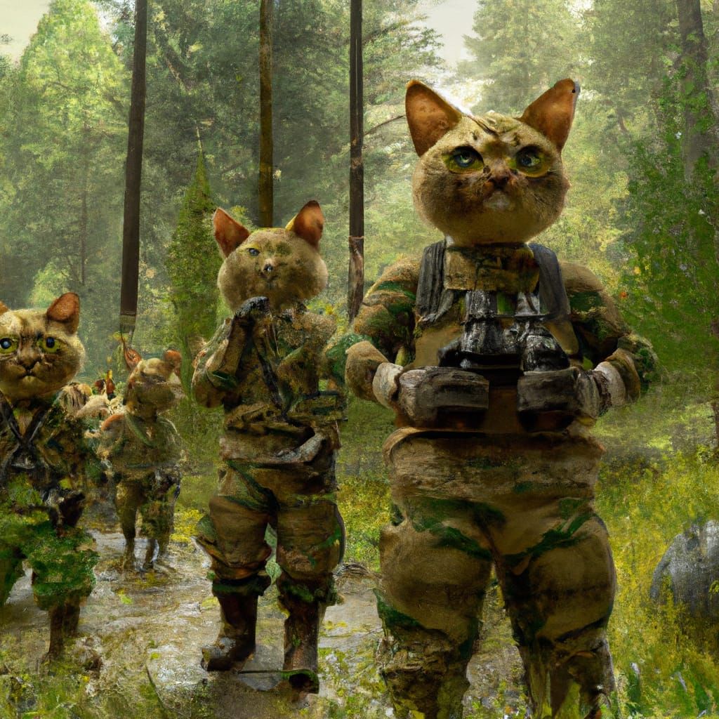 Anthropomorphic Cats on Forest Patrol in Military Gear