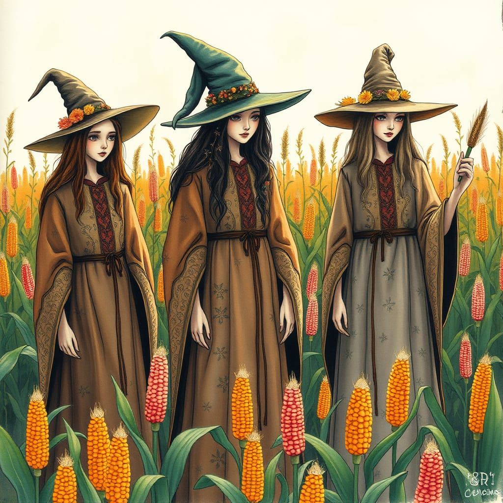 Witches in Flint Corn Field: Ink and Watercolour Illustratio...