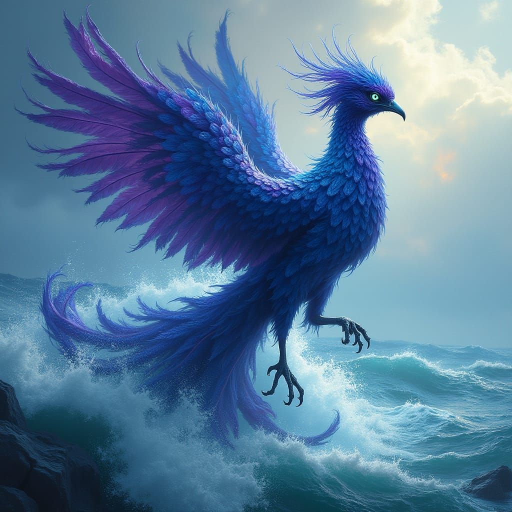Phoenix Rises from Turbulent Sea in Vibrant Indigo and Silve...