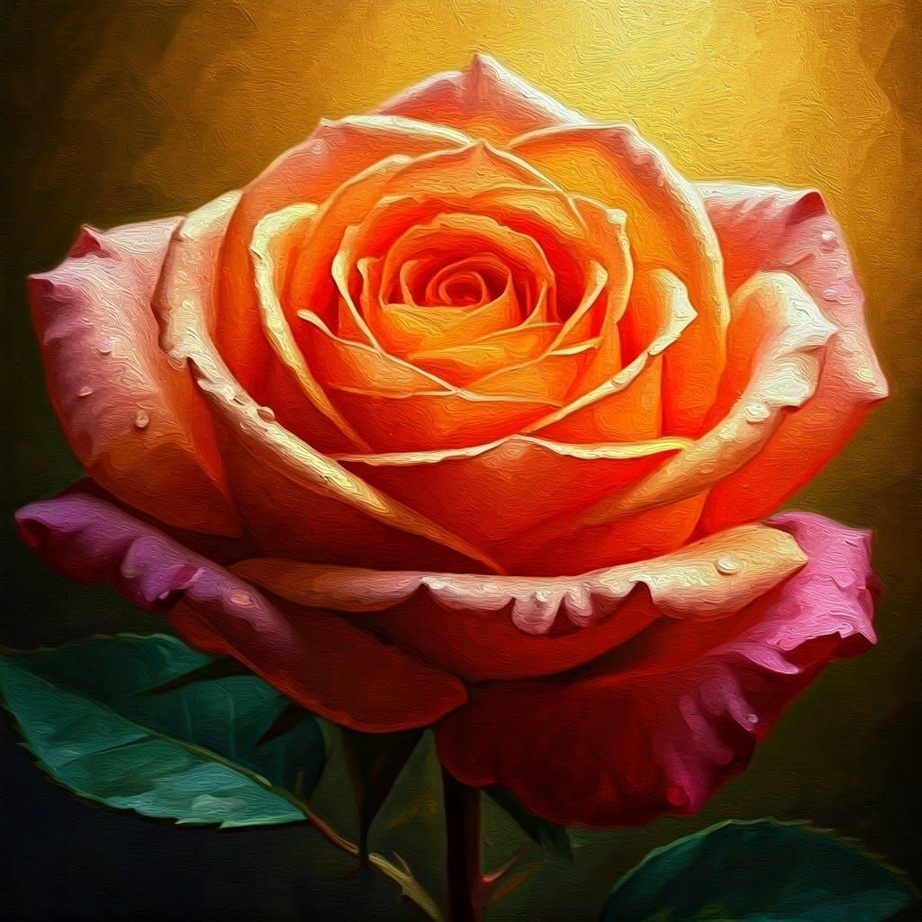 Rose with Dew Drops in Impasto Style