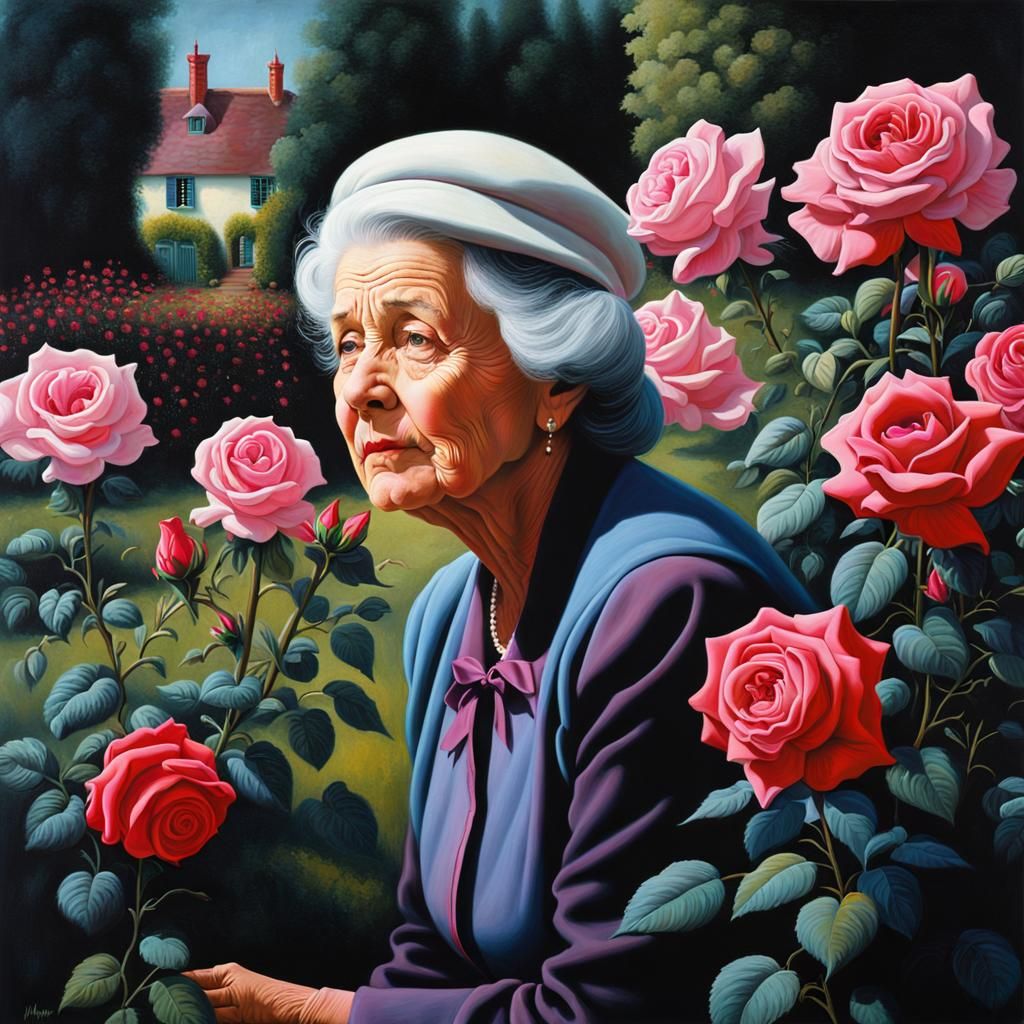 Old Lady in Rose Garden as Oil Painting