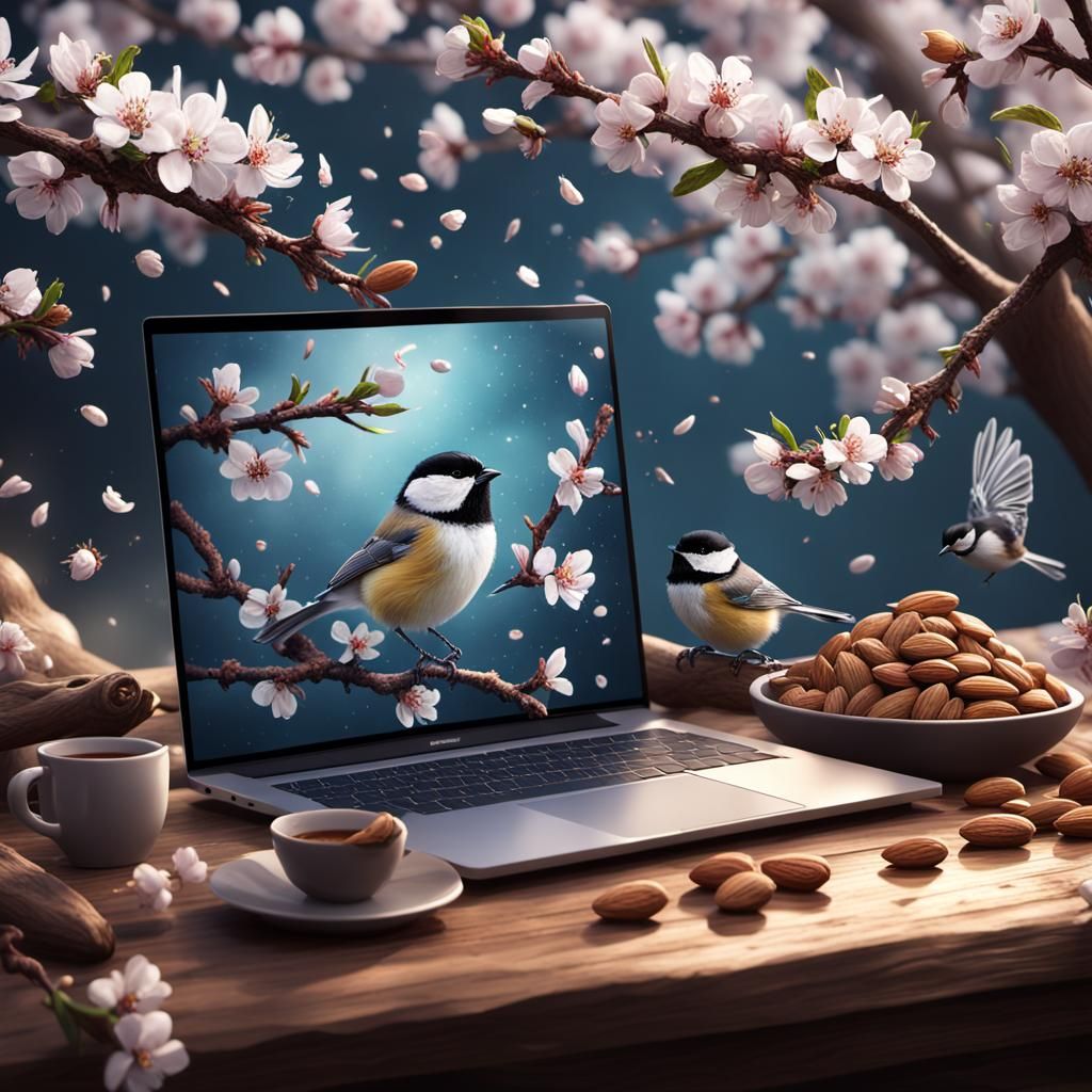 Chickadee on MacBook with Almond Blossoms