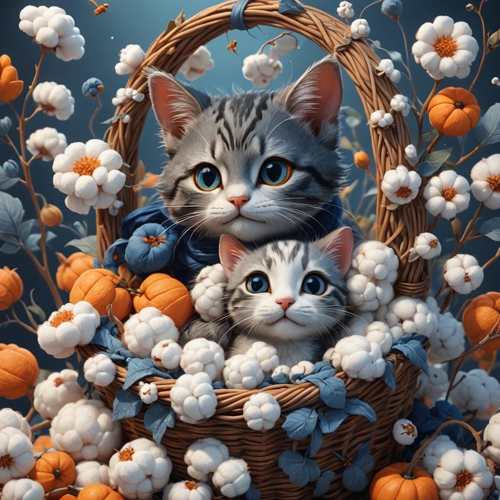 Cute Cat and Mouse Hugging in Cotton Basket