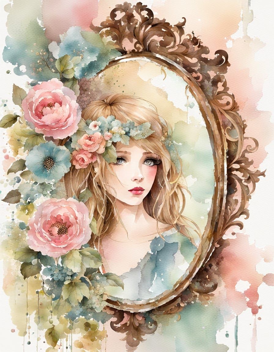 Shabby Chic Watercolor Girl in Mirror