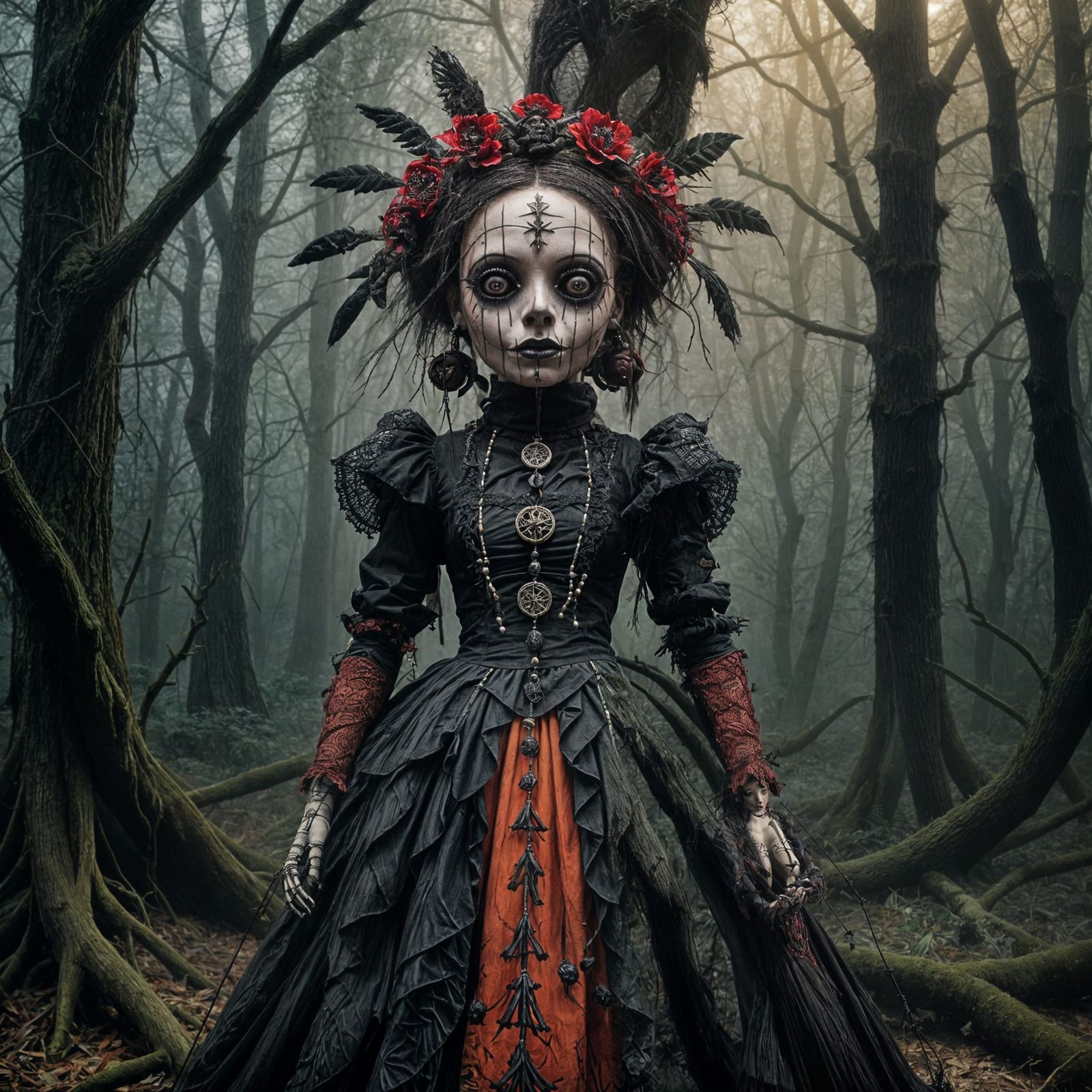 Dark Female Voodoo Doll in a Misty Forest Masterpiece