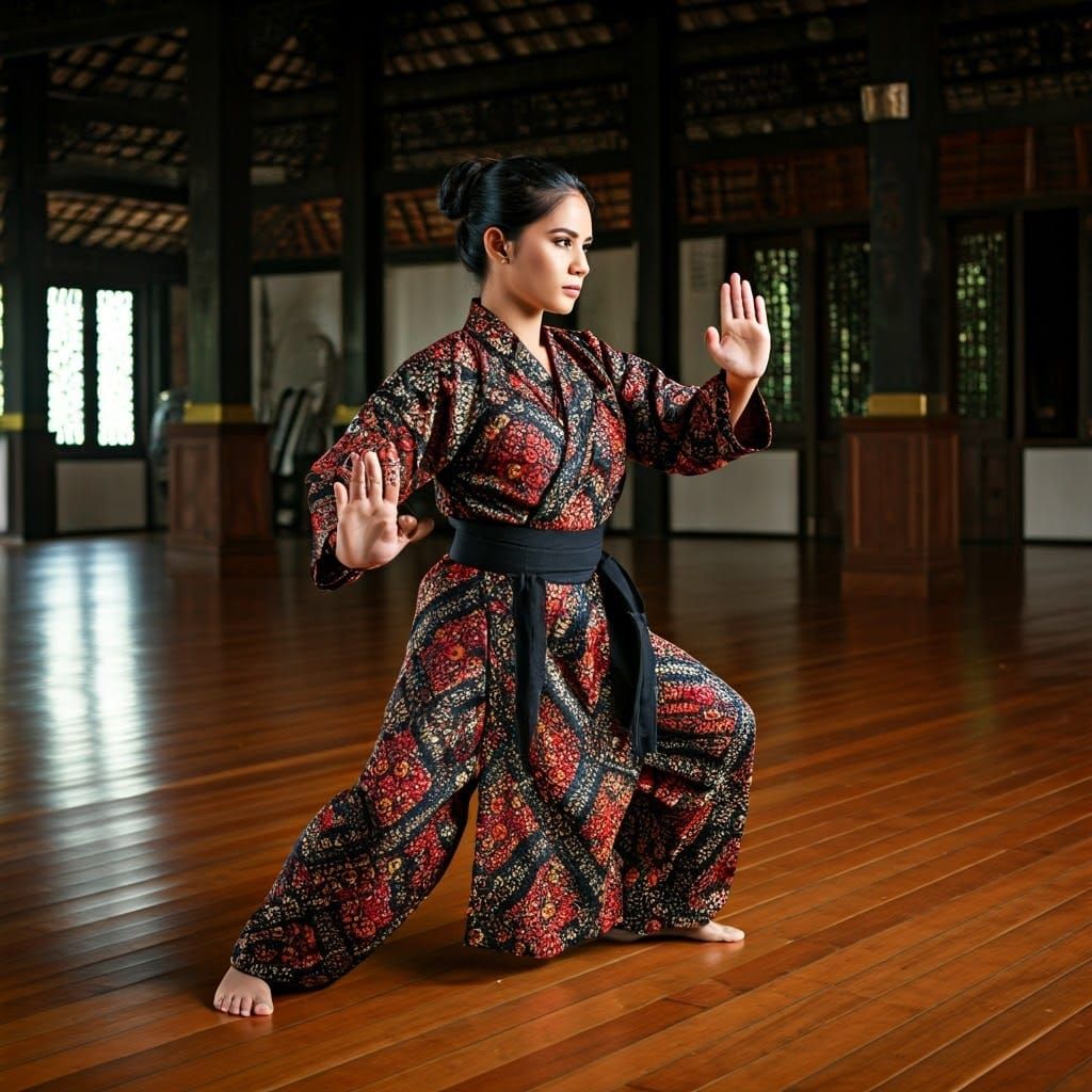 Elegant Silat Practitioner in Traditional Training Hall