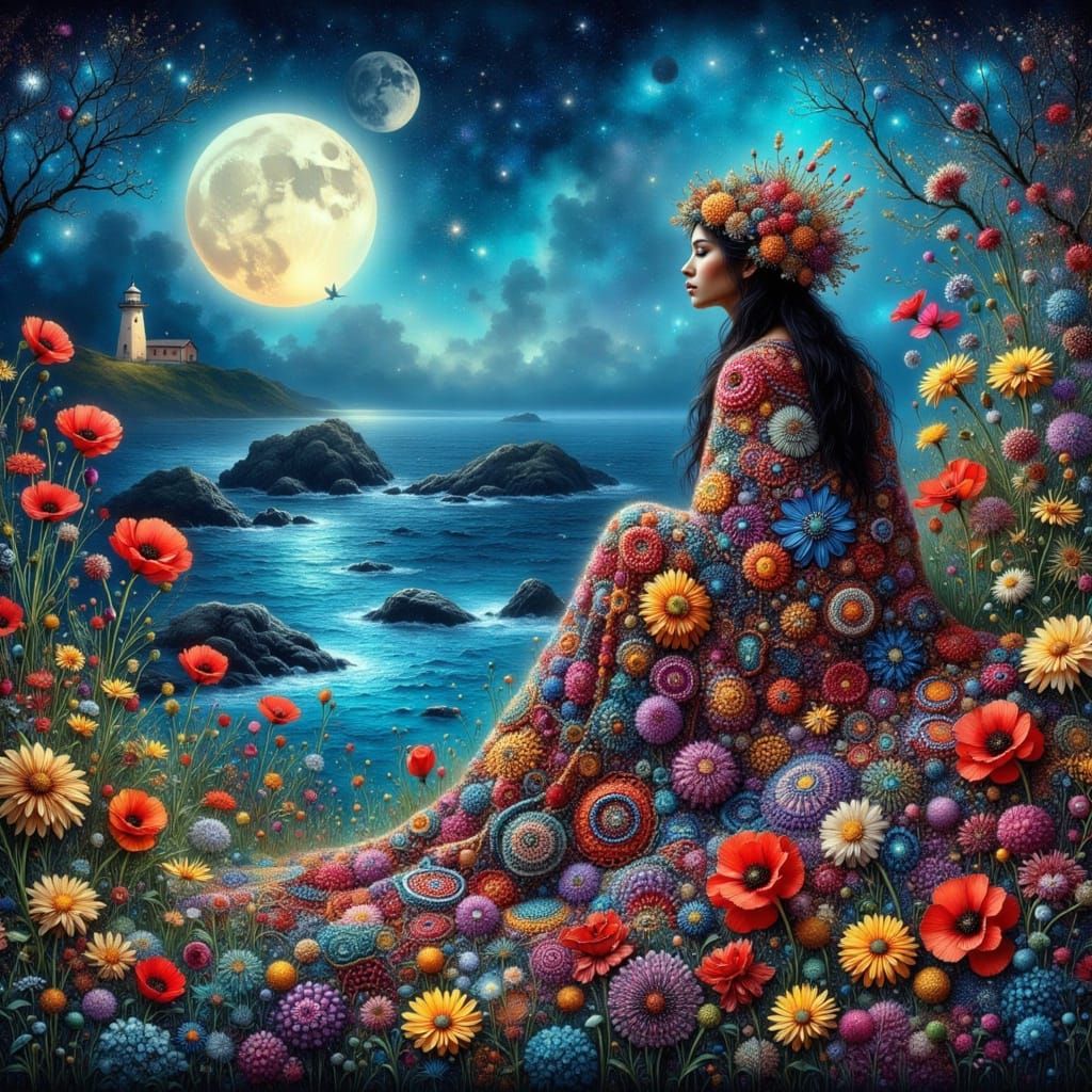 Woman Overlooking Bioluminescent Sea in Dreamlike Style