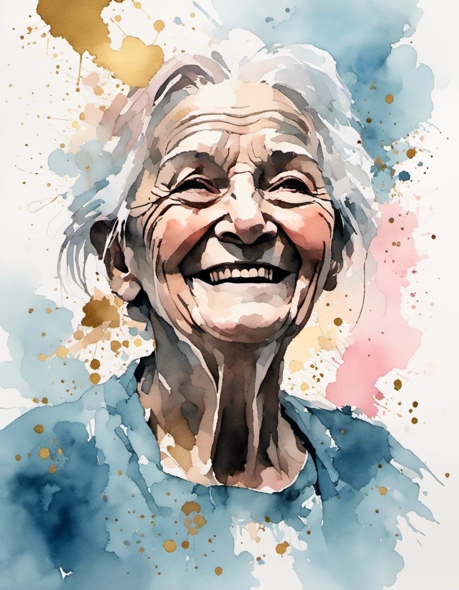Minimalist Watercolour Portrait of a Smiling Old Lady