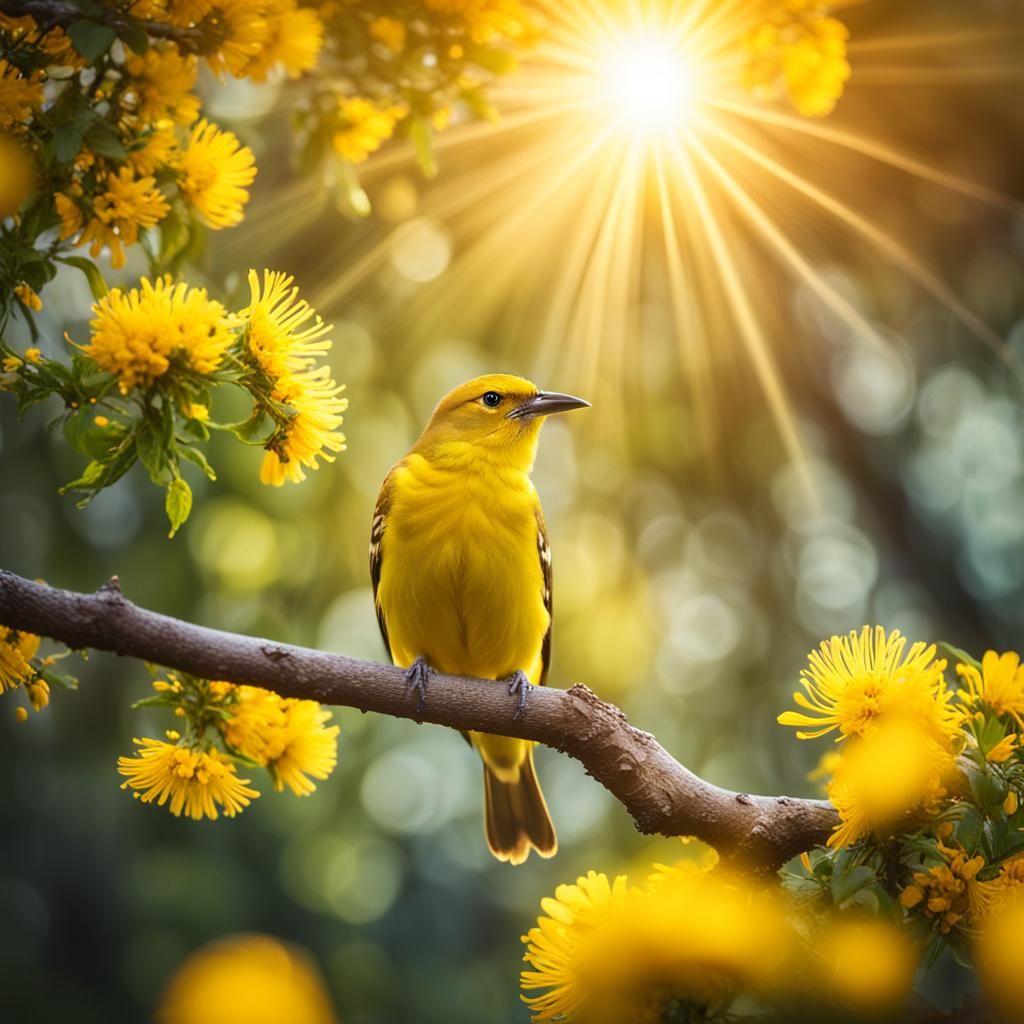 Radiant Yellow Bird in a Sunny Floral Scene