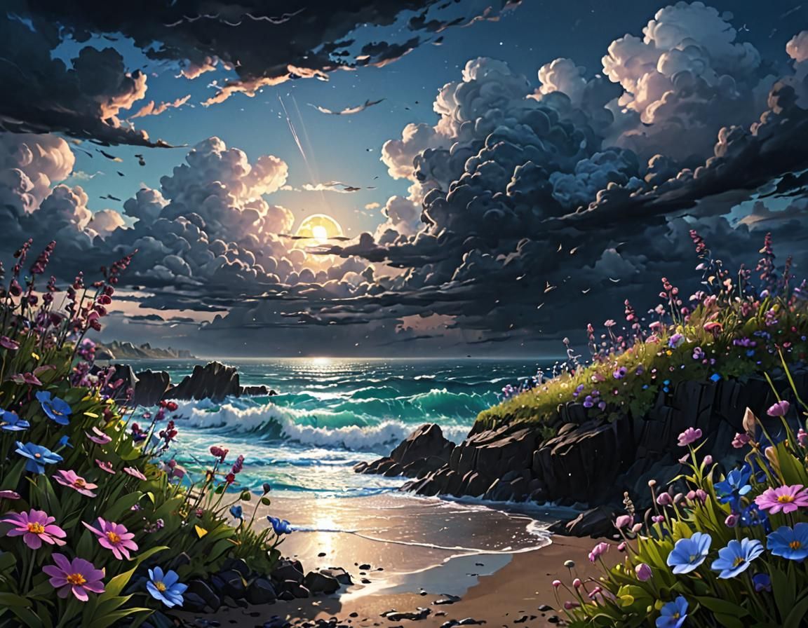 Neon Fantasy Landscape under Moody Sky: Anime Art