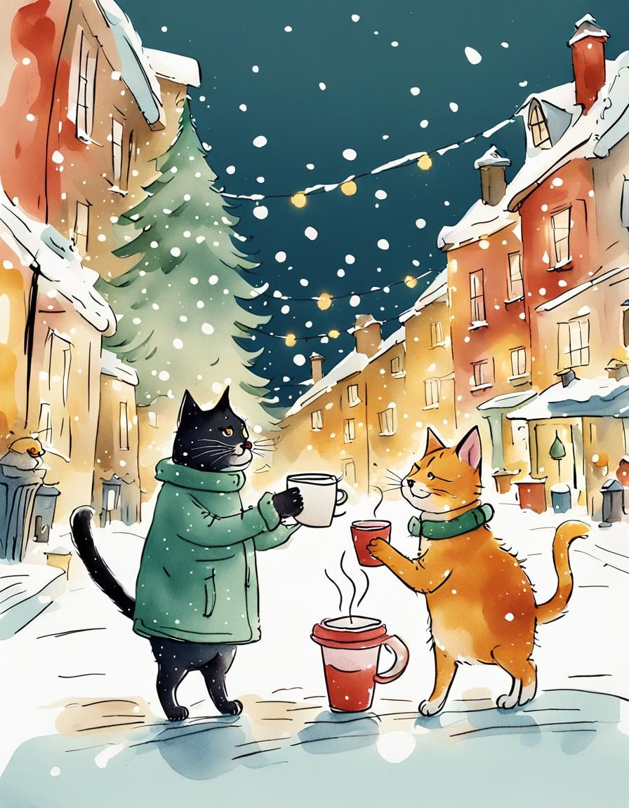 Surreal Christmas Duo Enjoying Festive Coffee