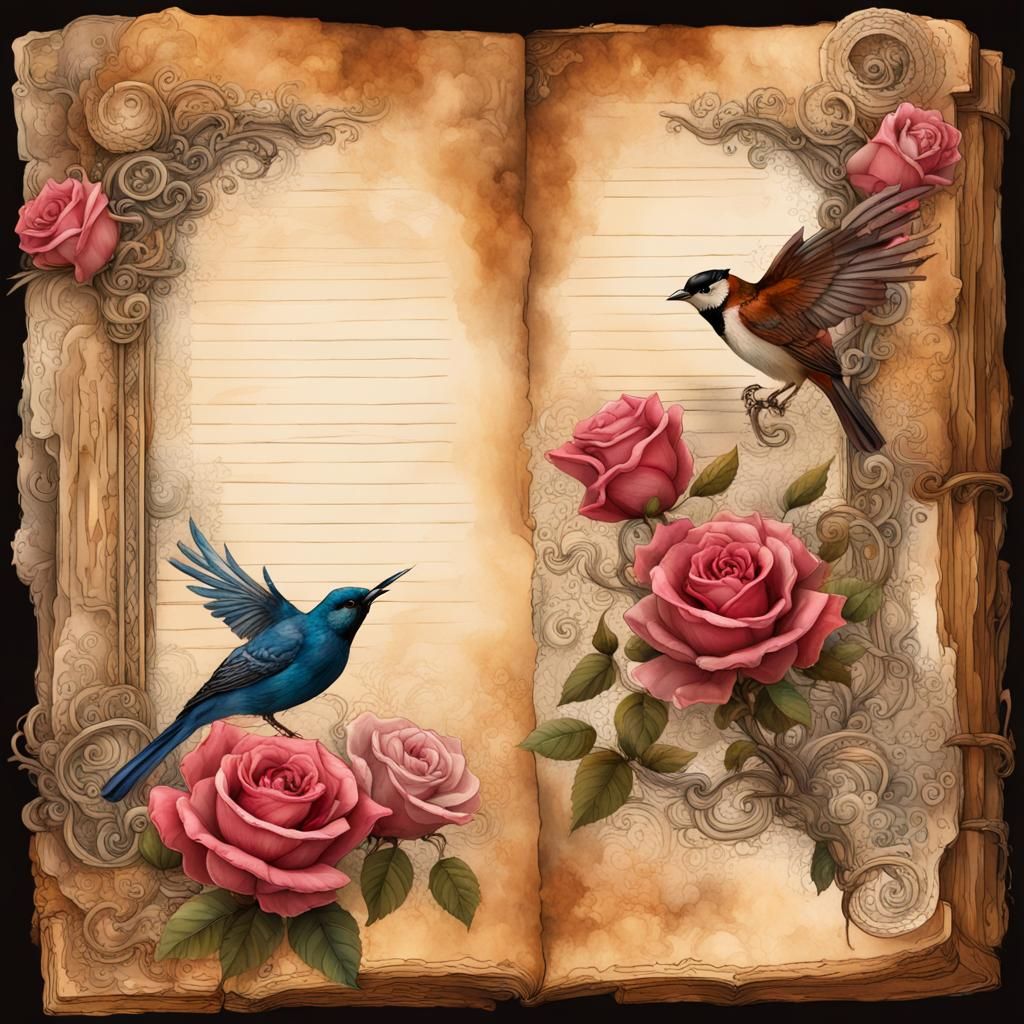 Steampunk Journal Page with Antique Roses and Birds