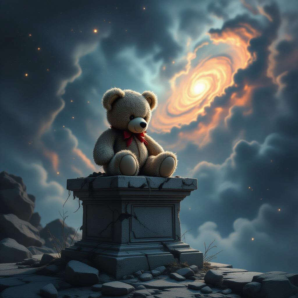 Tattered Teddy Bear in Cosmic Nebula, Gothic Art Style
