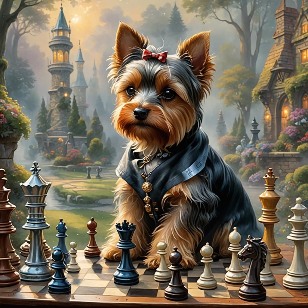 Yorkie Playing Chess in Ethereal Fantasy Style