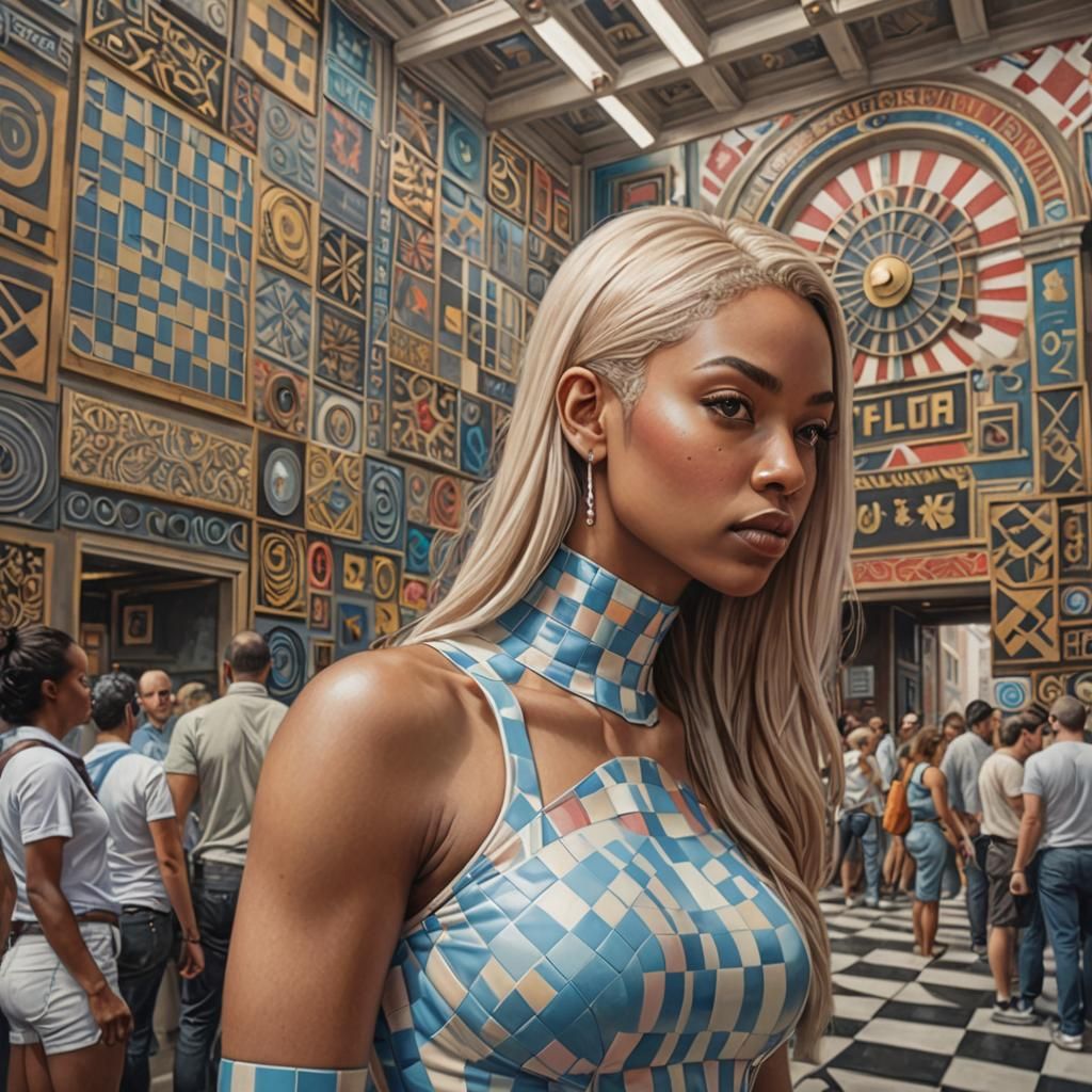 Checkerboard Woman Portrait in Pastel Line Art