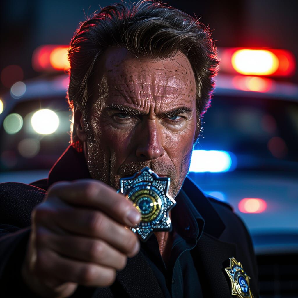 Dirty Harry Face with Police Badge and Flashing Lights