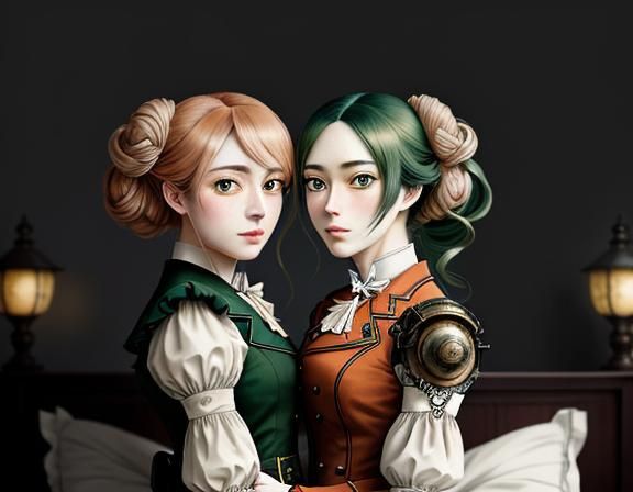 Anime Twin Sisters Kiss in Steampunk Setting