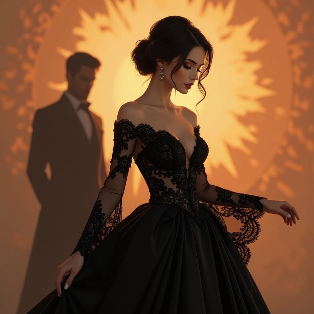 Woman in Lace Gown with Shadowy Figure