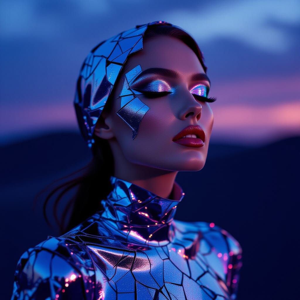 Avant-Garde Mercury Dress: Extreme Close-Up Face Portrait