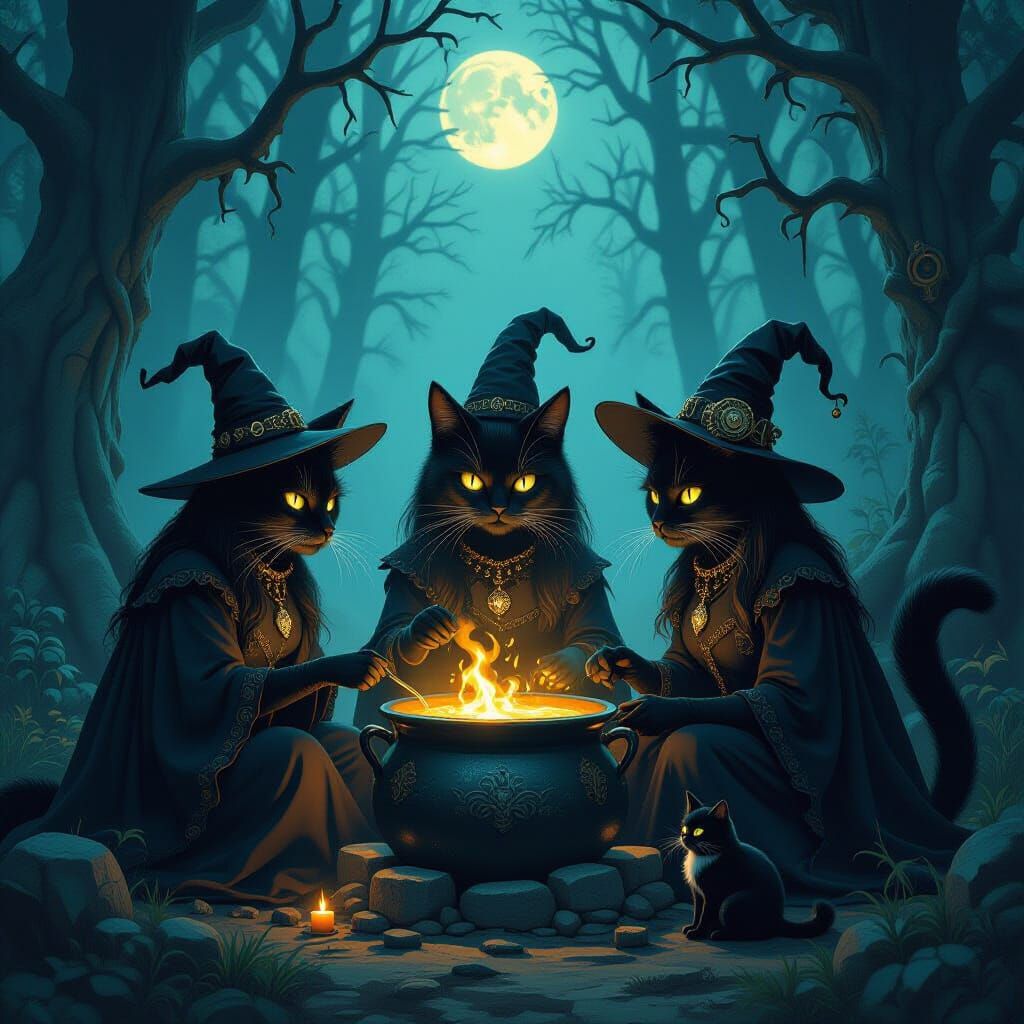 Witch Cats Gather Around Mystical Cauldron