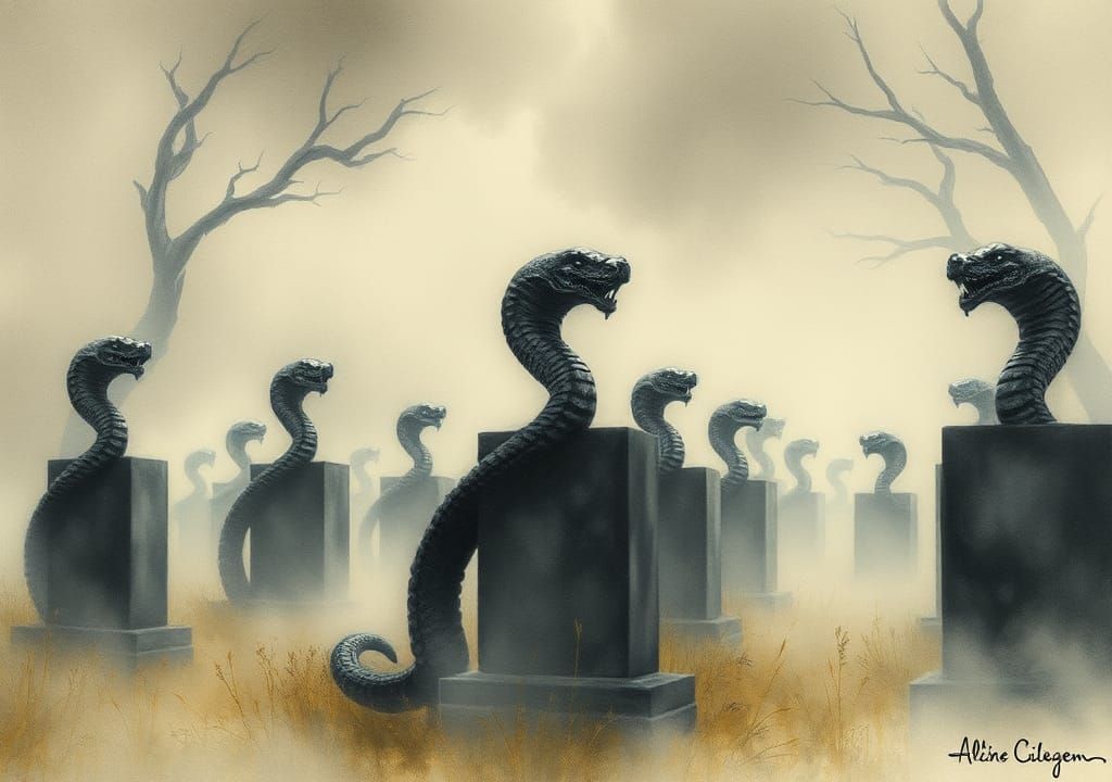 Eerie Graveyard with Snake Statues in Watercolor Style
