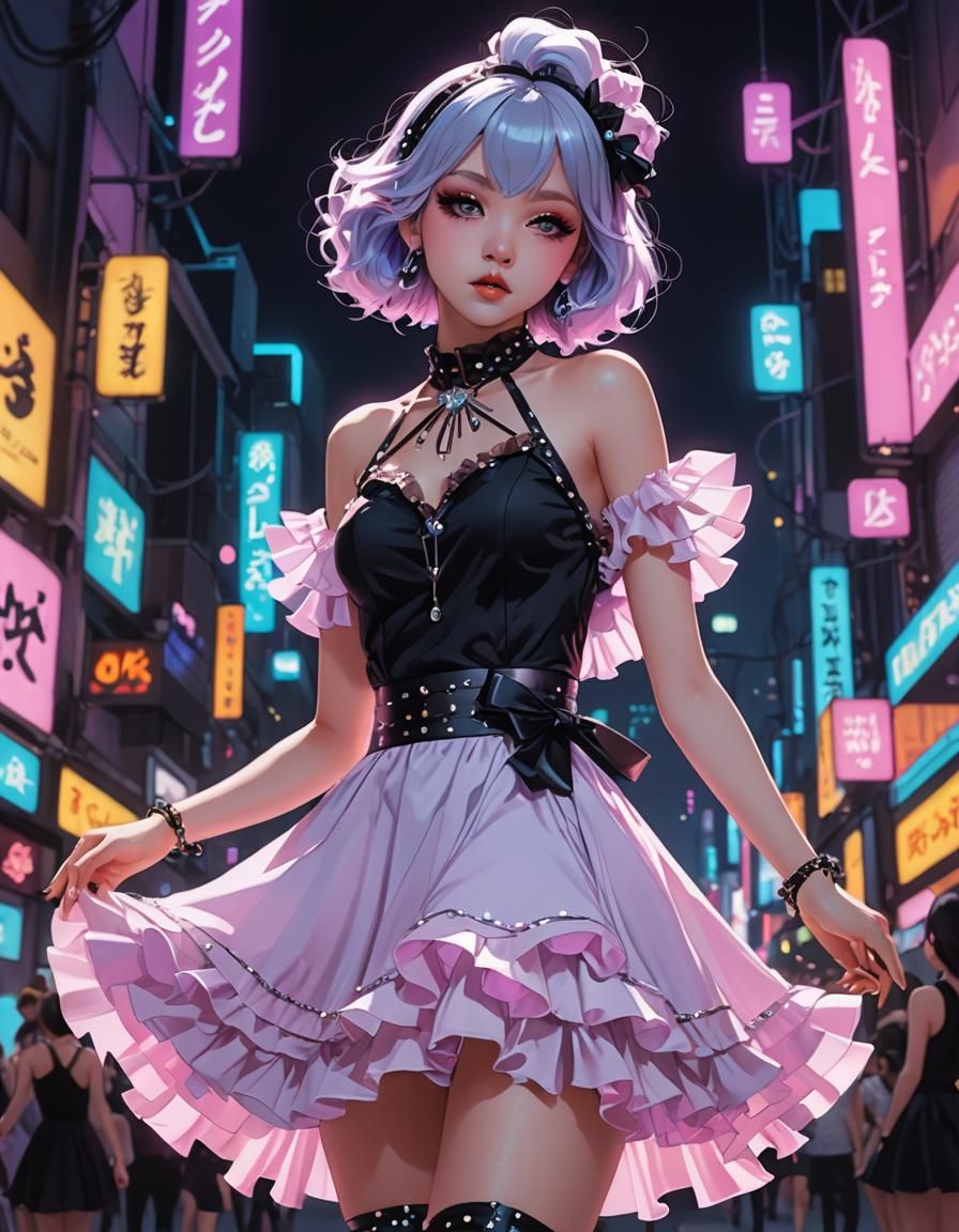 Pastel Goth Singer Dancing in Anime Style