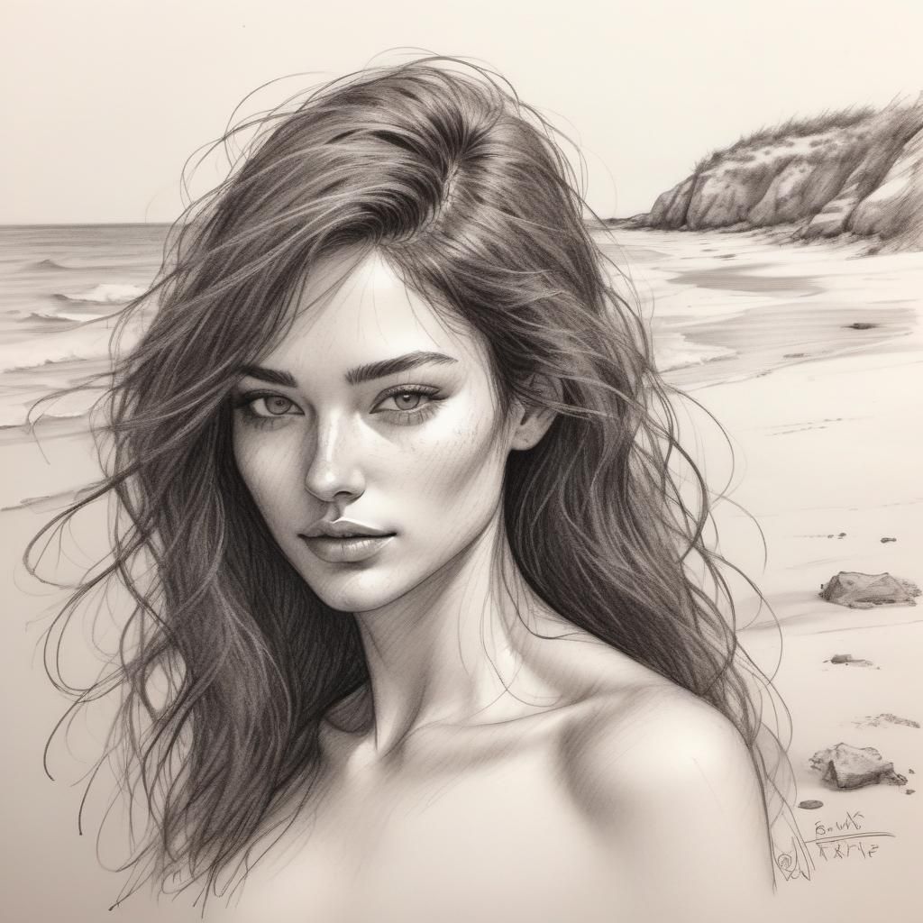 Naturist Woman on Beach in Pencil Sketch