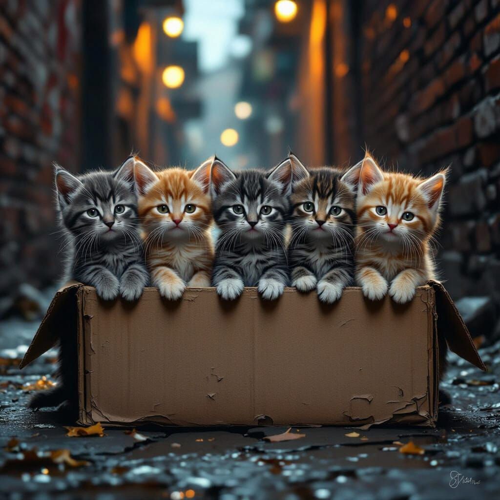 Sorrowful Tabby Kittens in Alley, Matte Painting Style