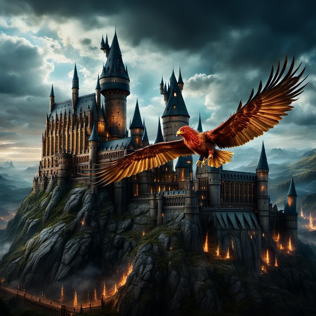 Phoenix Soaring Past Hogwarts: A Digital Matte Painting