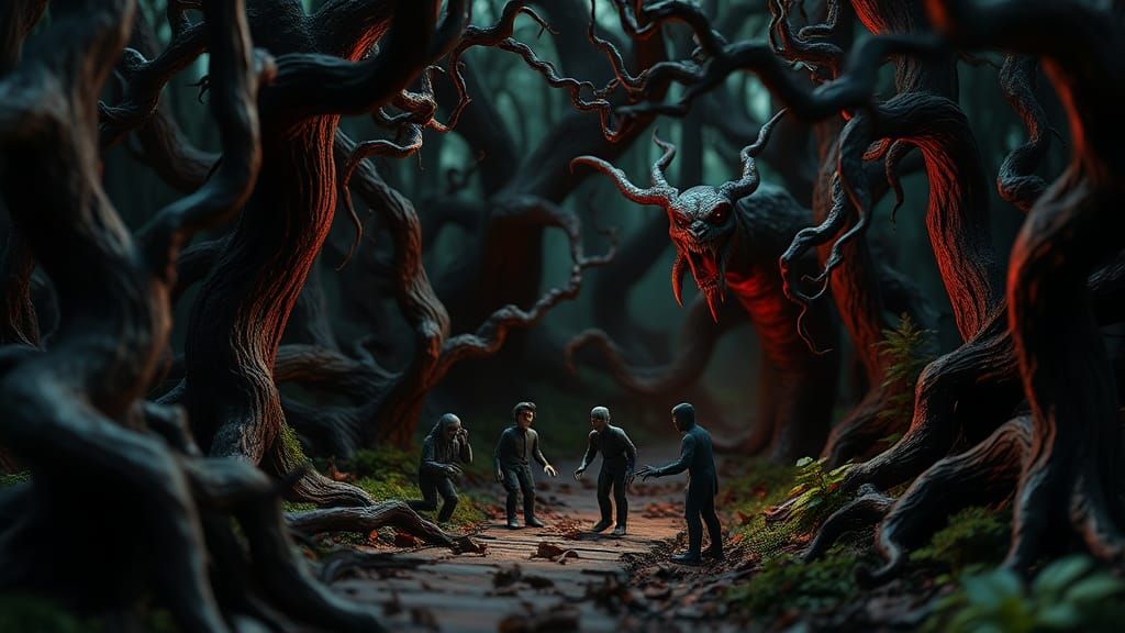 Enchanted Forest: Animated Clay Figures in a Moody Scene