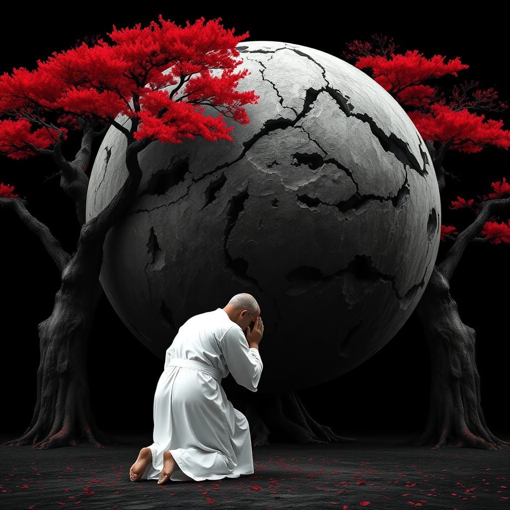 Giant Globe on Kneeling Figure Amidst Burning Trees