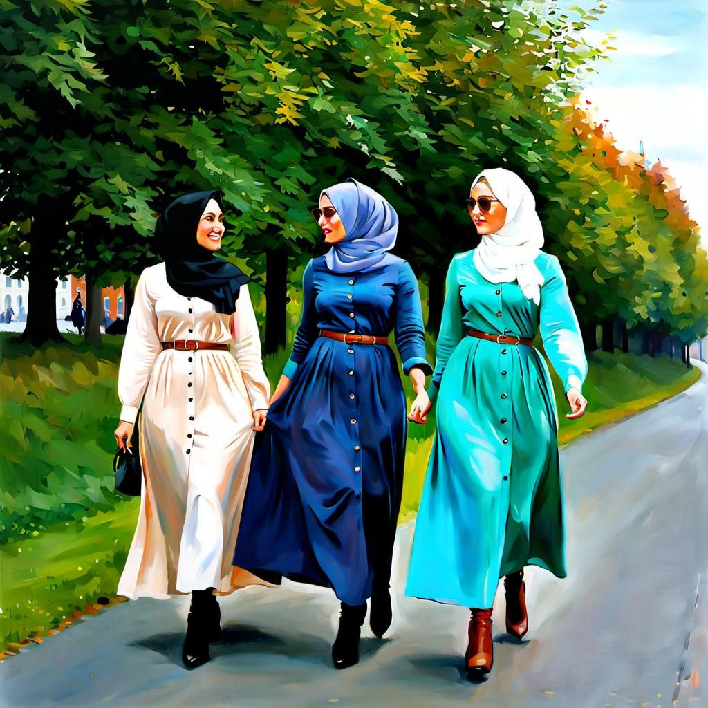 Women in Hijabs Walking in Copenhagen: Oil Painting