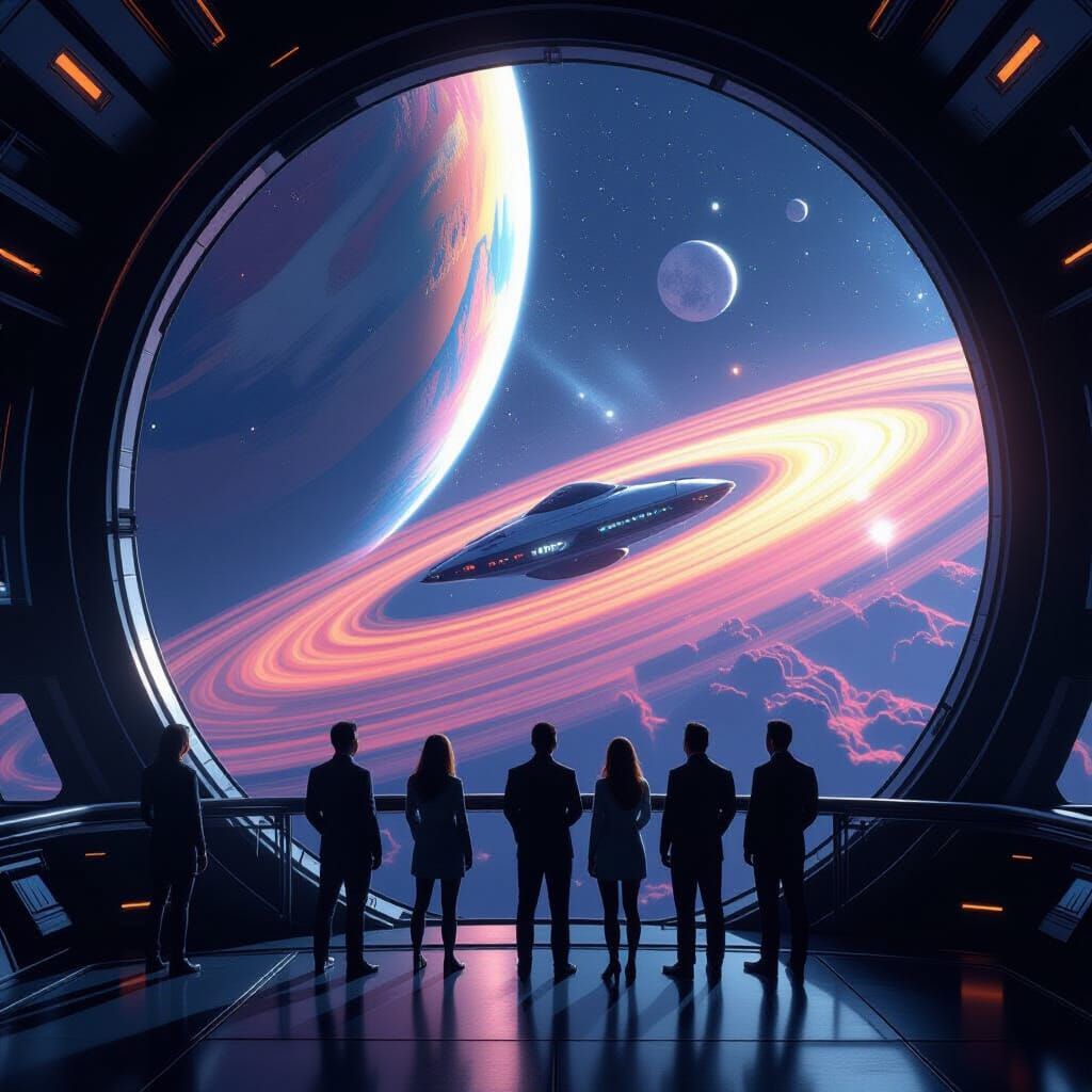 Futuristic Spaceship Soaring Through Colorful Nebula