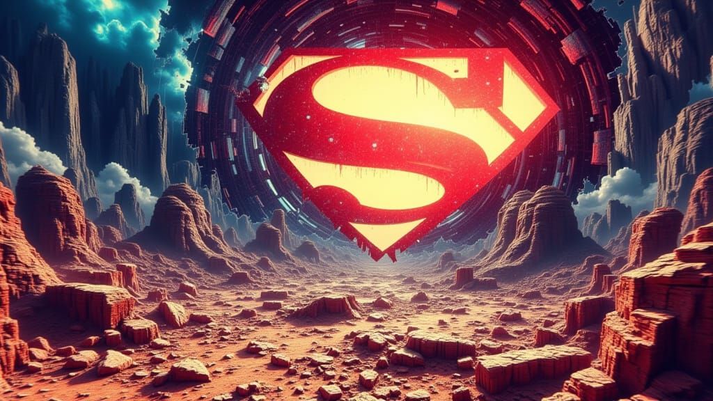 Glitched Superman Symbol in Surreal Desert Landscape