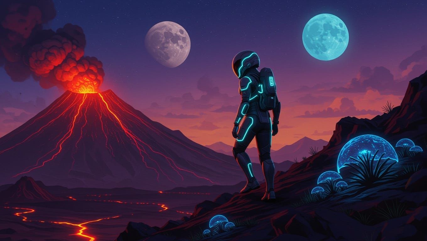 Alien Explorer Ascends Volcano on Distant Planet