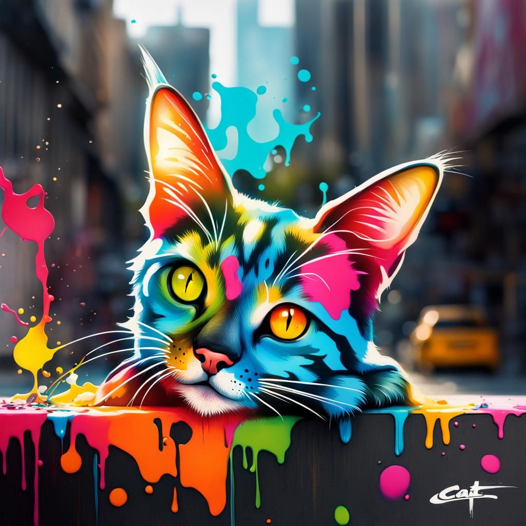 Colorful Graffiti Cat in Splash Art Style