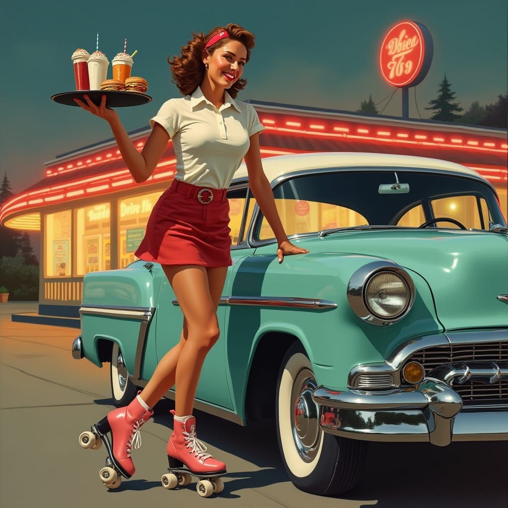 Retro Americana Roller-Skating Carhop in Pin-Up Art Style