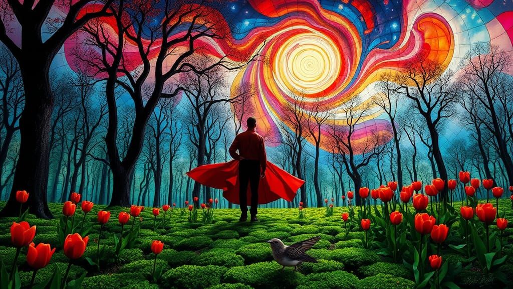 Man in Red with Tulips: Whimsical Dreamscape