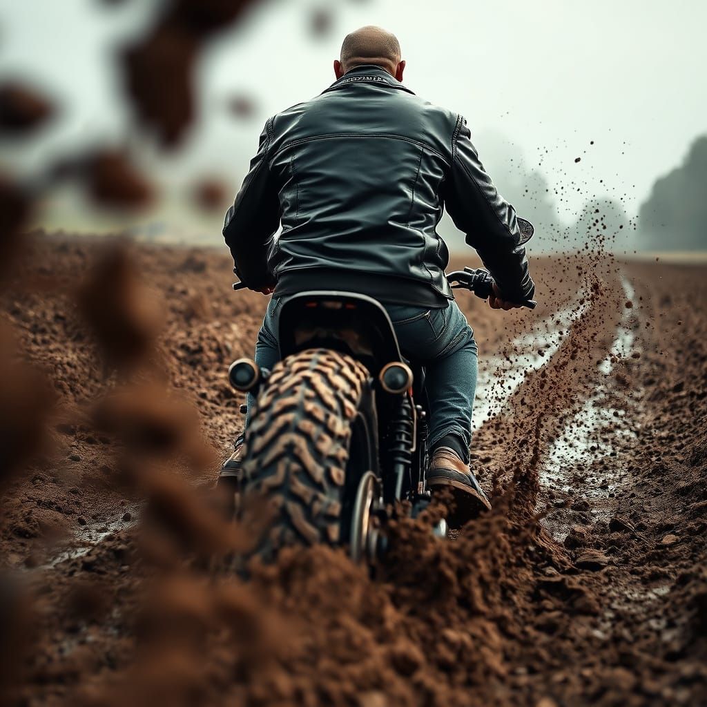 Mud Splattered Biker Riding Motorcycle Through Mud Pit