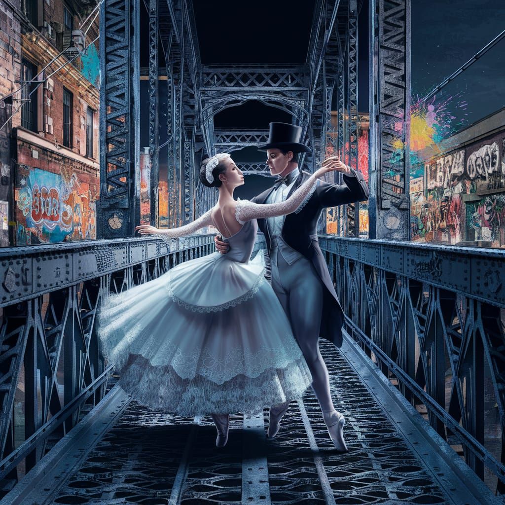 Victorian Ballet Couple Dancing in Vibrant Cityscape