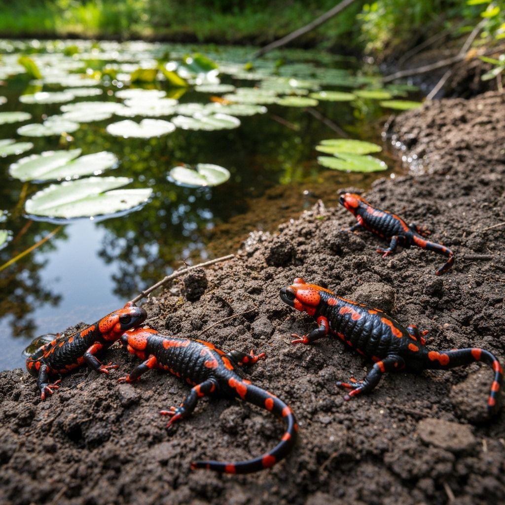 Fire Salamanders by a Pond