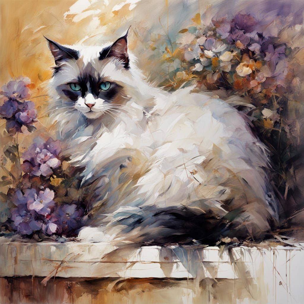 Siamese Cat by Ocean Window in Golden Hour Oil Painting