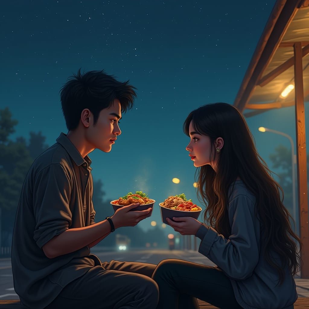 Couple Enjoying Lunch Under Starry Sky