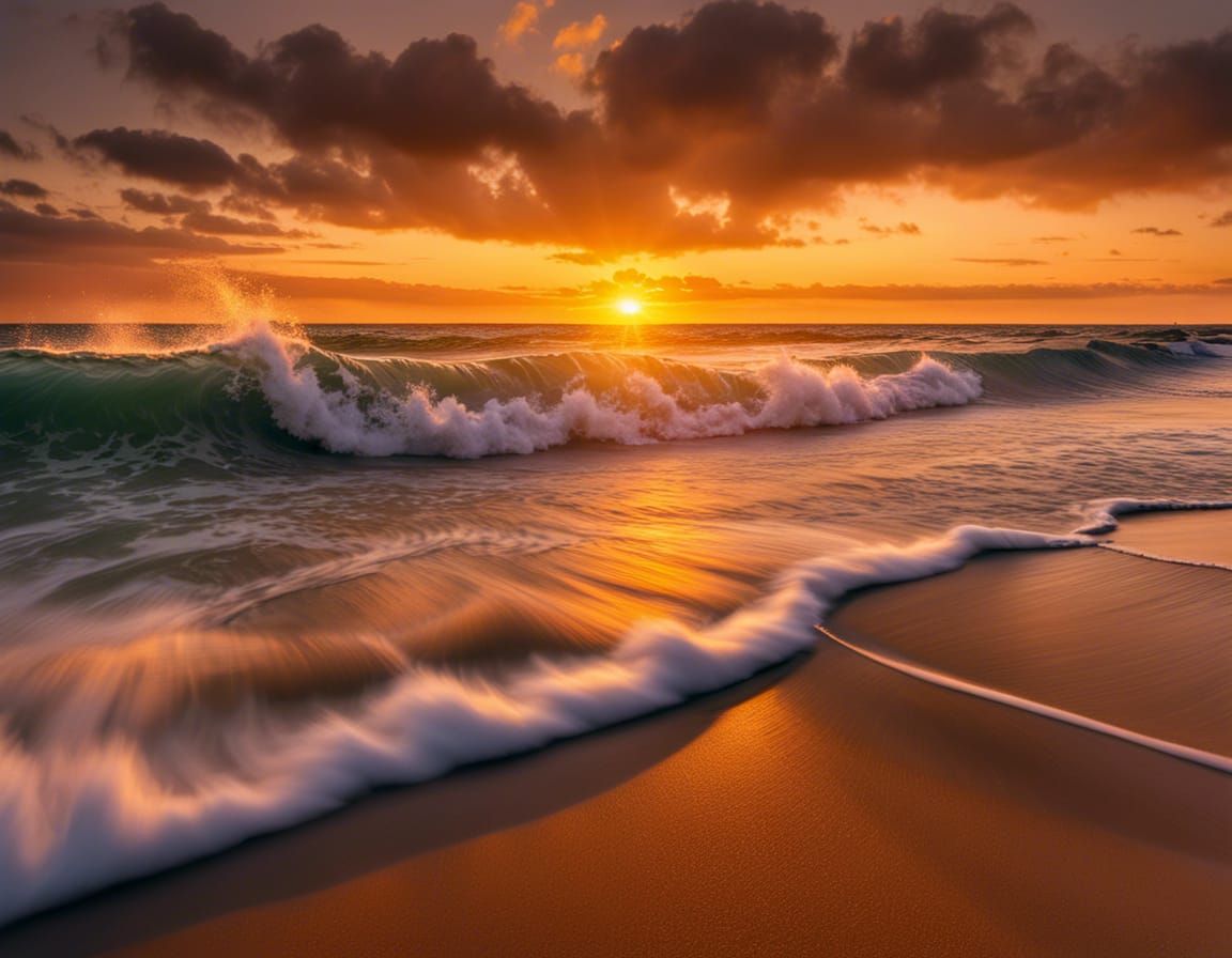 Golden Sunset Waves Crashing on Shore