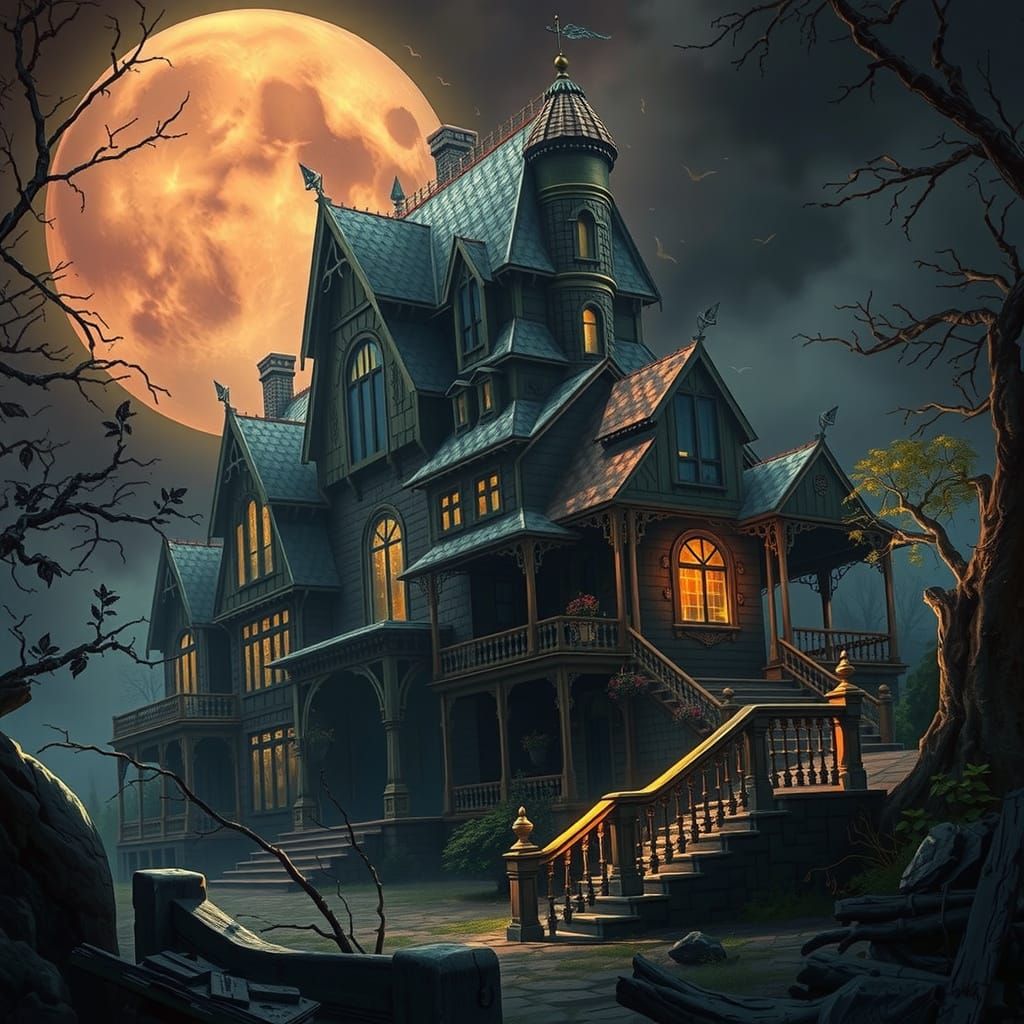 Eerie Old Mansion with Mysterious Lighting