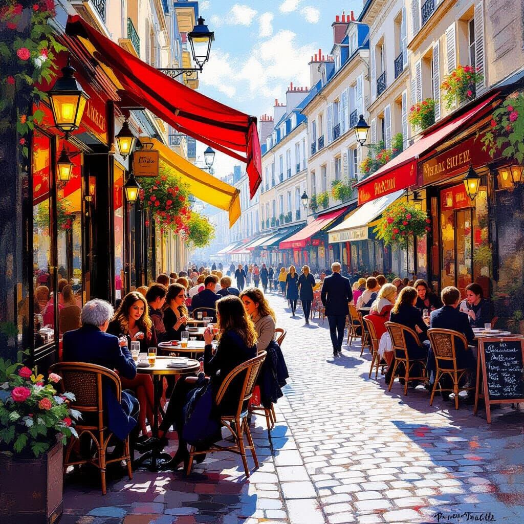 Parisian Cafe Scene in Impressionist Style